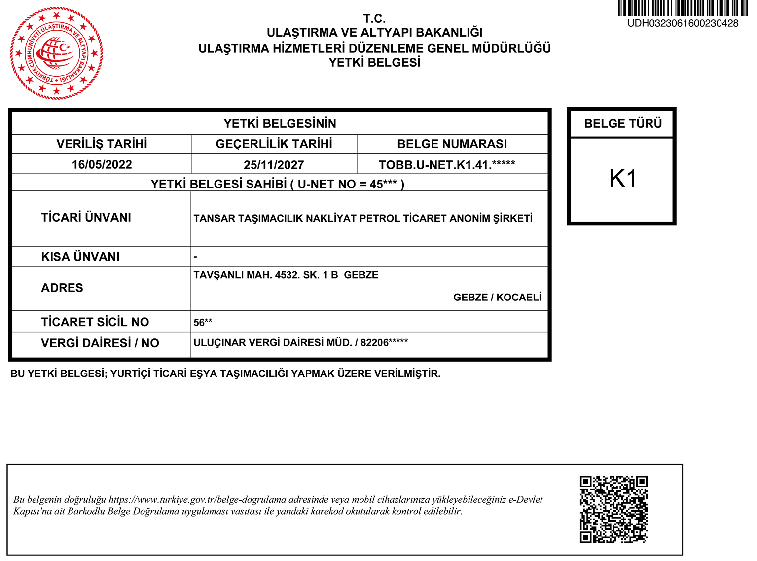 TANSAR K1 YETKİ BELGESİ