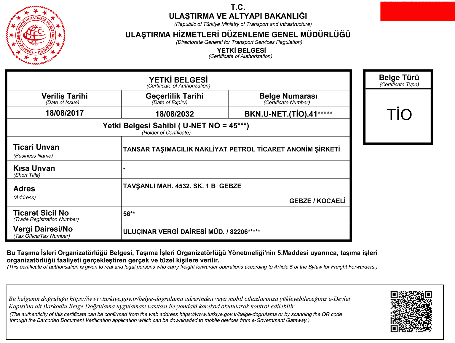 TANSAR TİO YETKİ BELGESİ